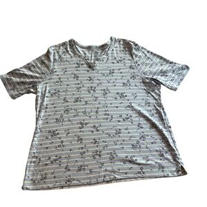 L.L. Bean T-Shirt Women 2X Plus Blue Floral Striped Supima Cotton Notch Neck